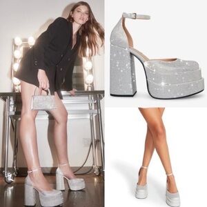 Steve Madden Charlize silver Rhinestone Platform Heels 7.5 Holiday party NYE